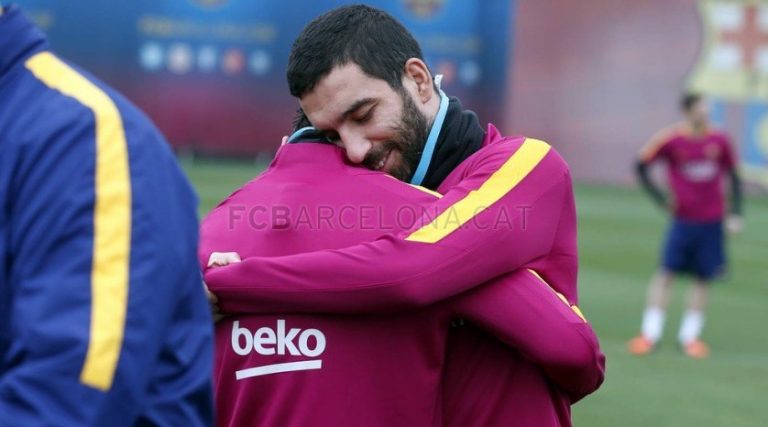 Picture: Messi welcomes Arda Turan back to Barcelona training with a hug