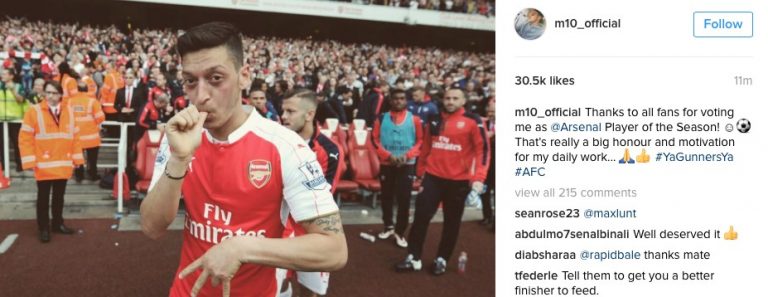 Mesut Ozil thanks Arsenal fans for Player of the Season award